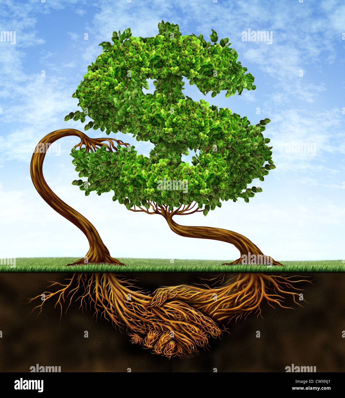 La croissance financière accord avec deux arbres dans la forme d'un signe dollar et les racines sous la forme de mains trembler en partenariat d'un contrat pacte pour la réussite de la richesse sur un ciel bleu. Banque D'Images