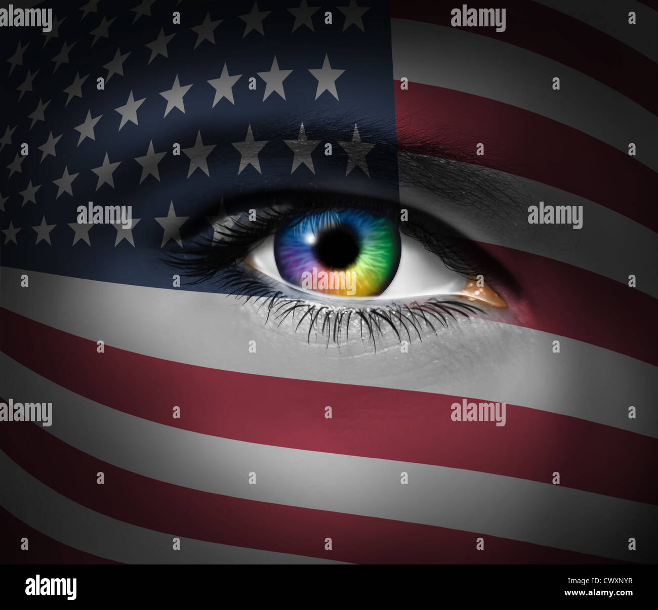 La culture américaine et un symbole de héros militaires et le sauvetage patriotique premiers intervenants des États-Unis d'Amérique avec un gros plan d'un oeil humain. Banque D'Images