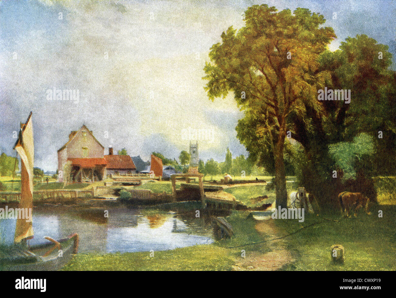 Ce dessin, intitulé Moulin Dedham, est de John Constable (1776-1837), un peintre romantique anglais. Banque D'Images