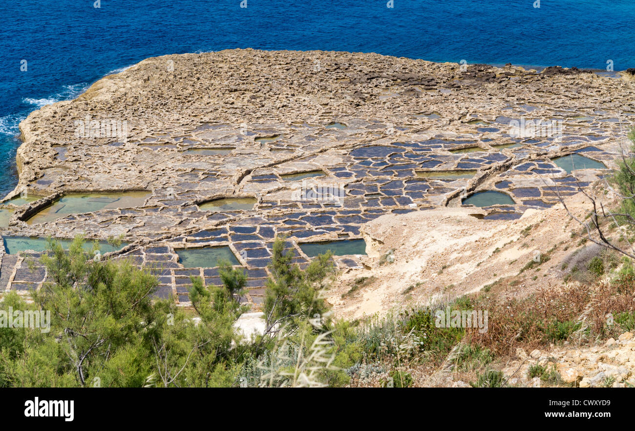 Vue depuis la falaise des salines près de Qbajjar Road, Marsalforn sur l'île de Gozo, Mer Méditerranée. Banque D'Images
