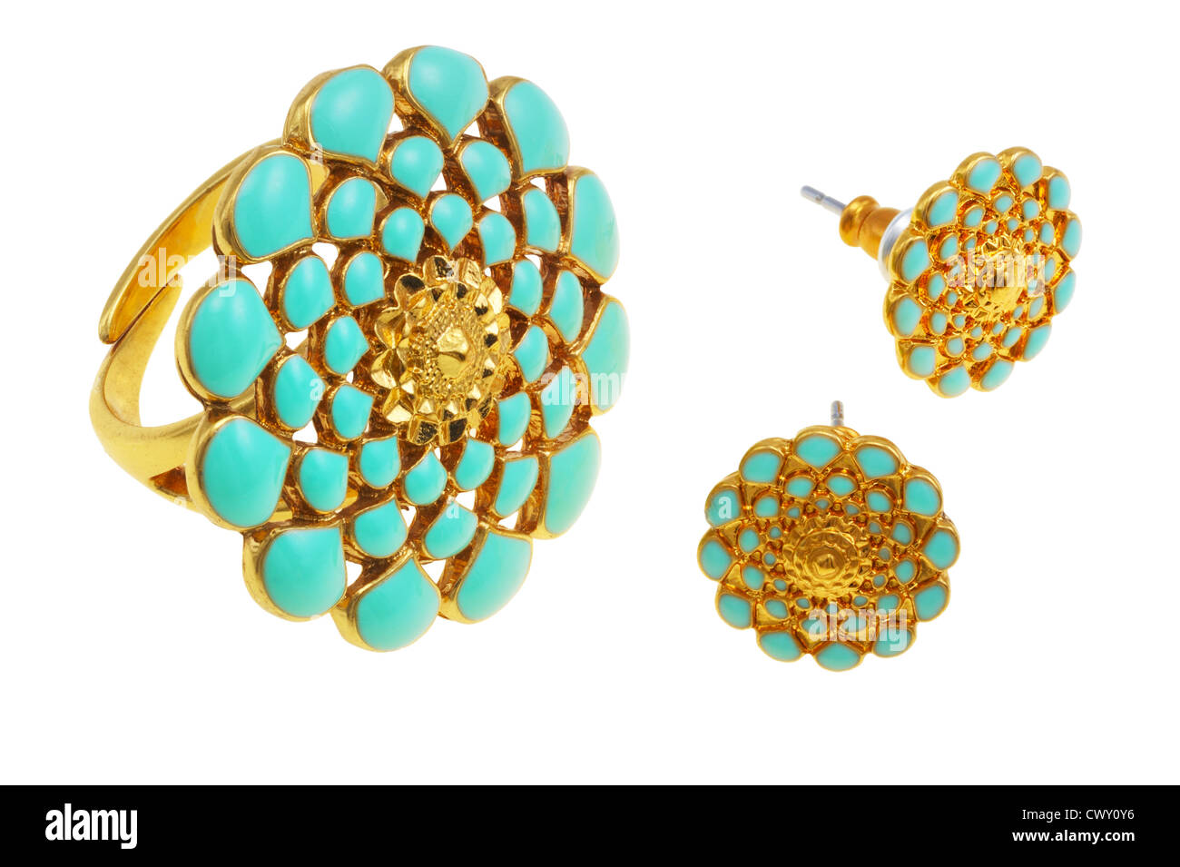 Bijoux, bague jaune et d'ornement floral bleu Banque D'Images