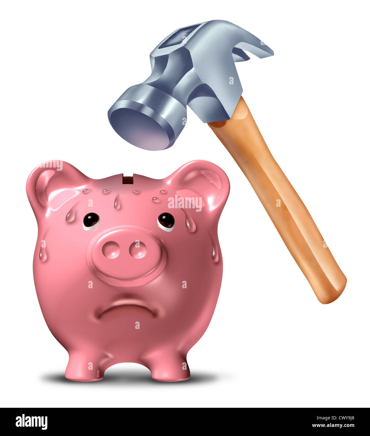Casser la banque concept avec un cochon Tirelire en céramique rose d'être  martelé par un dangereux marteau lourd prêt à briser les économies qu'une  crise financière en raison de problèmes d'endettement et