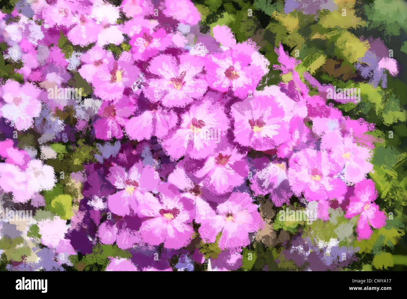 Peinture de fleur avec brosse sèche la peinture à l'huile peint texture comme un original de l'impressionnisme moderne surréaliste été la nature scène illustrée avec violet et rose flore et de feuilles vertes. Banque D'Images