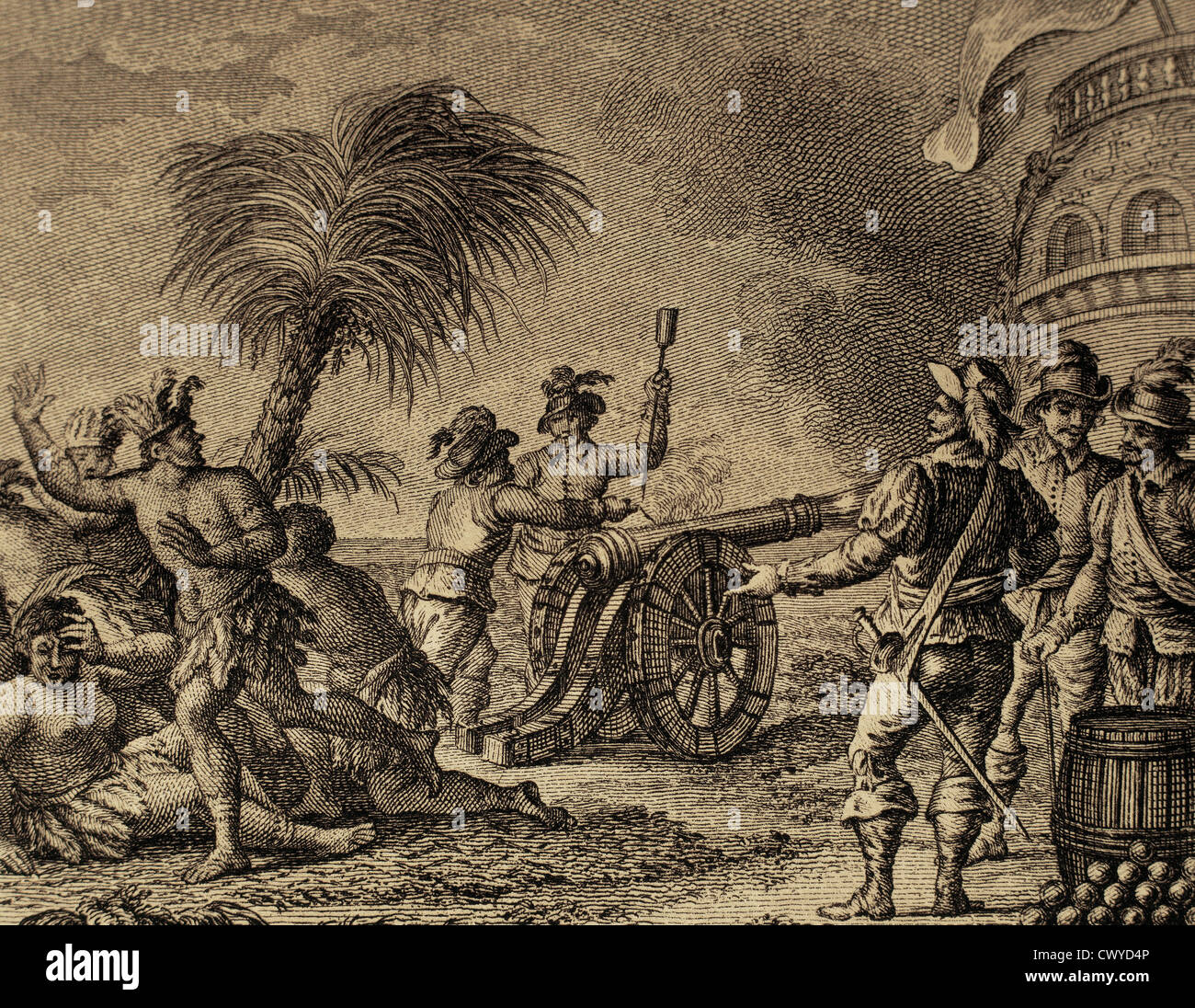 La Terre de Feu. La règle des indigènes de l'île Hornos est surpris par le tir d'un canon. Gravure, 1807. Banque D'Images La Terre de Feu. La règle des indigènes de l'île Hornos est surpris par le tir d'un canon. Gravure, 1807. Banque D'Images