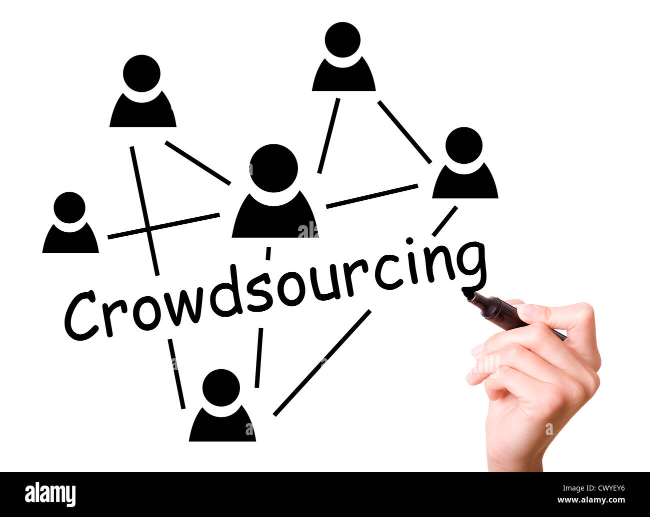 L'homme d'affaires à l'écran dessin concept de crowdsourcing. Banque D'Images