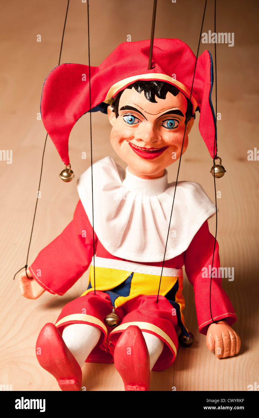 Jester ou Joker Marionnette en bois, traditionnellement appelé Kasparek, réalisés en République Tchèque Banque D'Images