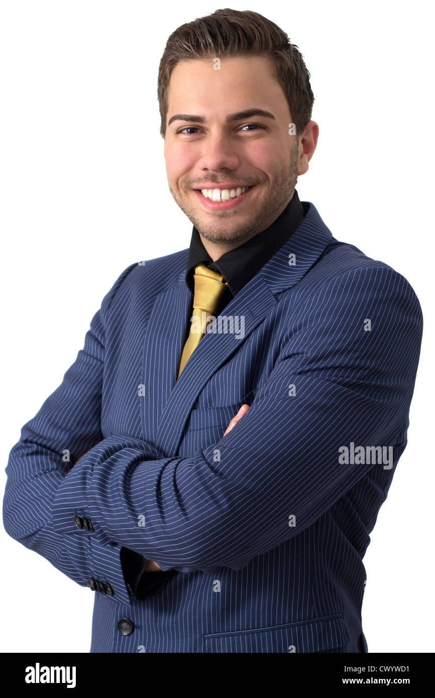 Un jeune homme sympathique dans un costume bleu avec une cravate d'or Banque D'Images