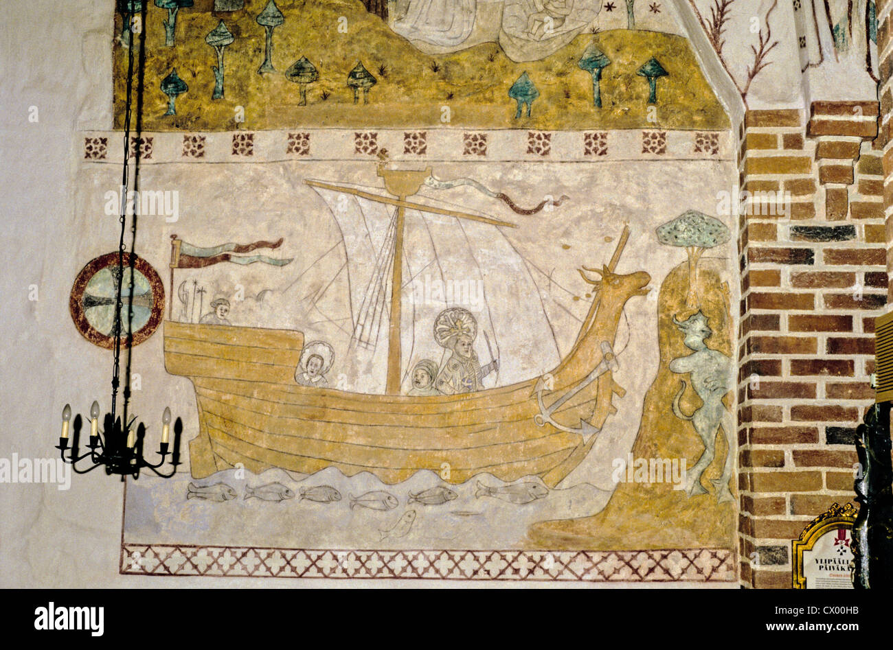 Peinture murale par Petrus Henriksson illustrant la première croisade menée par l'Évêque Henrik de Suède en 1155 pour la Finlande - Kalanti, Finlande Banque D'Images