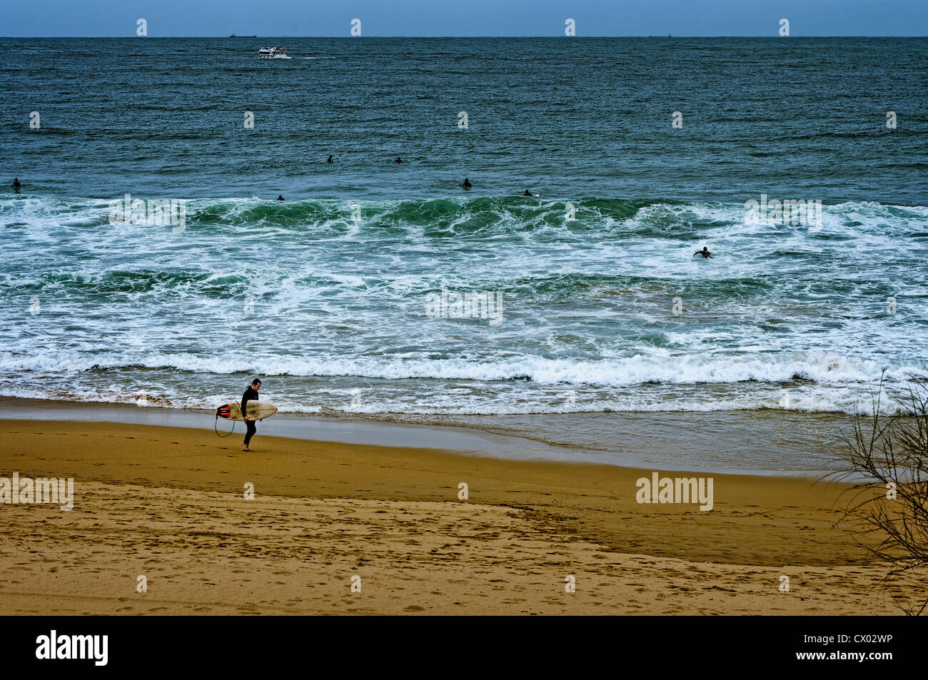 Les gens à la pratique de la mer sport de surf sur la plage de Sardinero dans la ville de Santander, Cantabria, Spain, Europe Banque D'Images