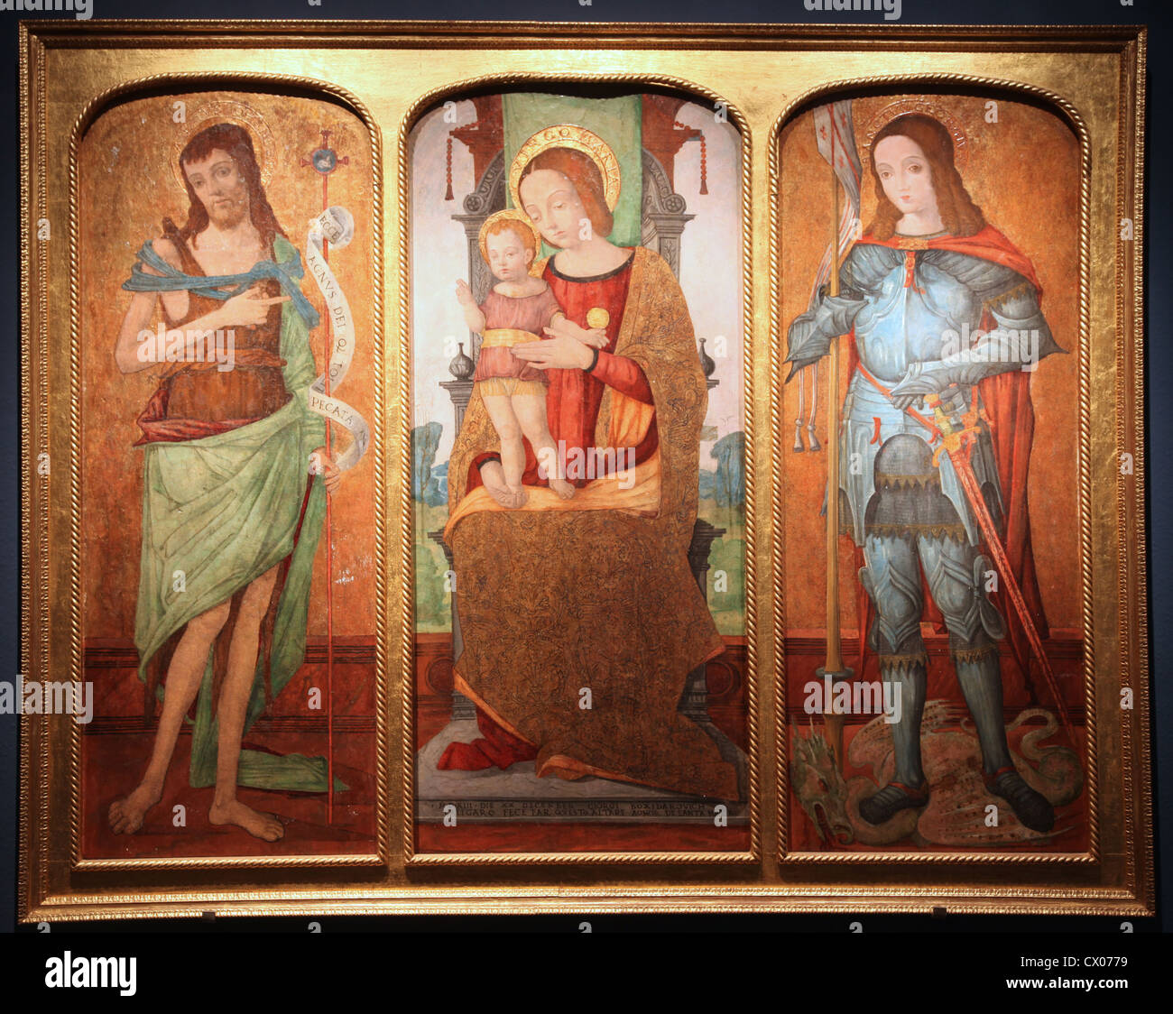 Vierge à l'enfant sur un trône avec Saint Jean Baptiste et Saint George Banque D'Images