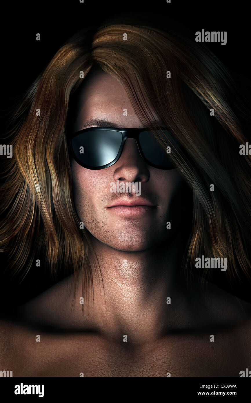 Photo-réalistes, illustration numérique de cool, jeune homme séduisant, avec de longs cheveux en désordre portant des lunettes de soleil. Banque D'Images