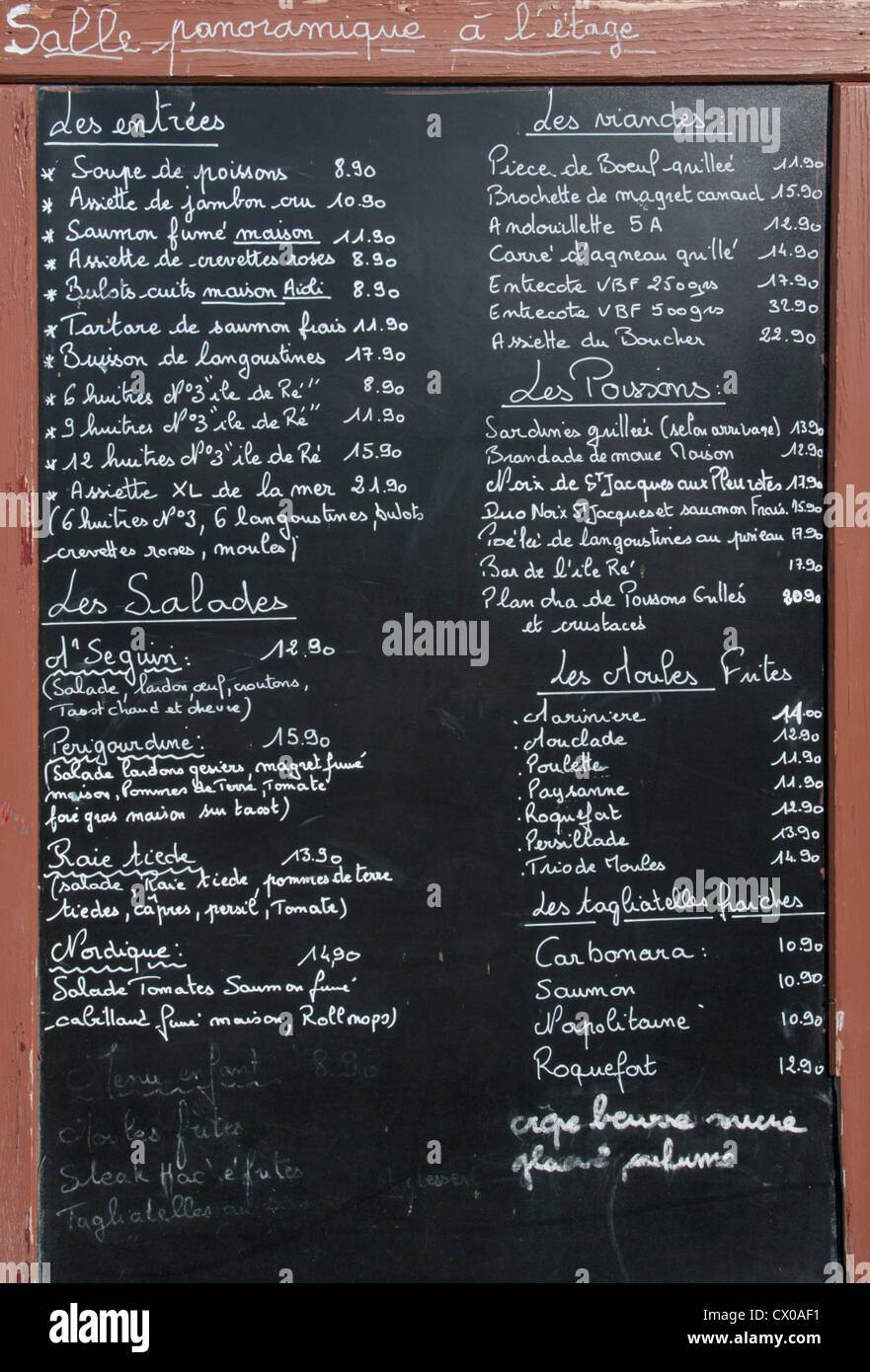 Menu restaurant français, Poitou-Charentes, France. Banque D'Images