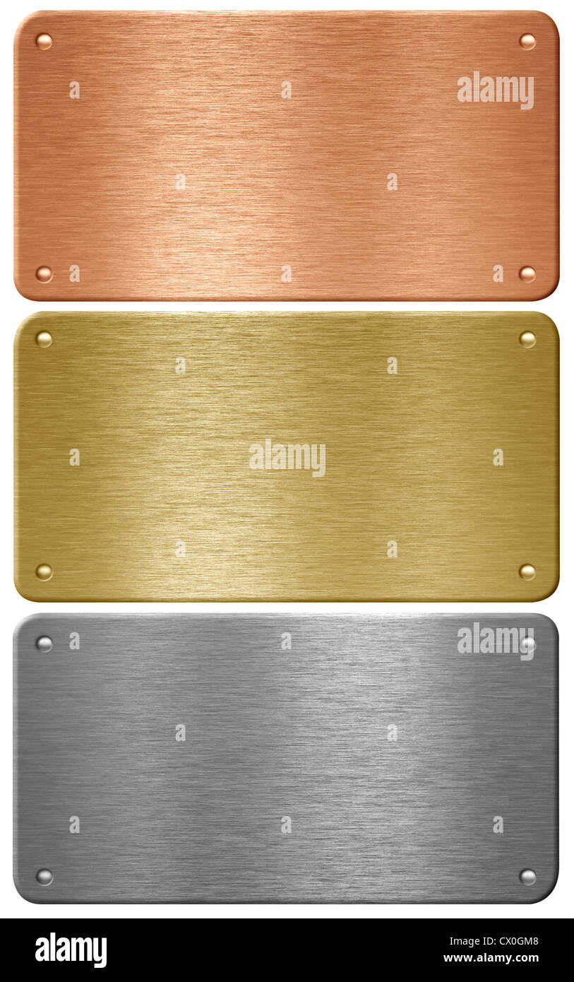 Aluminium, Cuivre et laiton plaques métalliques isolés avec des rivets avec clipping path Banque D'Images
