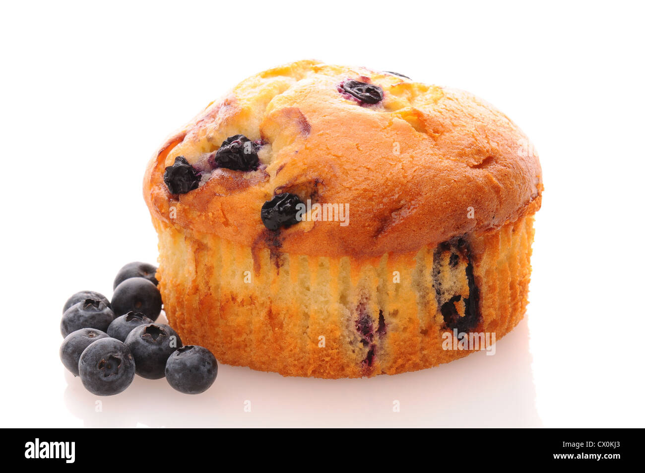 Libre d'un Muffin aux bleuets sur une plaque blanche avec des petits fruits sur une table en bois rustique. Format horizontal. Banque D'Images