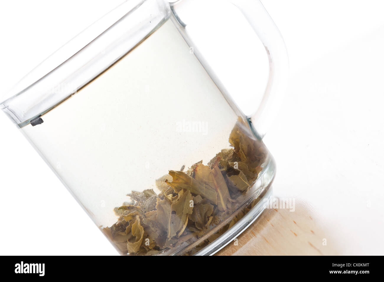 Tasse en verre de thé vert avec des feuilles, closeup on white Banque D'Images