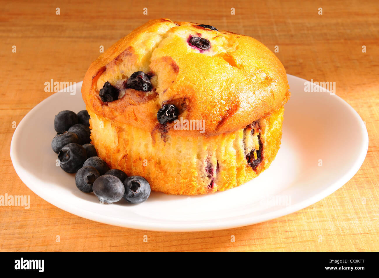Libre d'un Muffin aux bleuets sur une plaque blanche avec des petits fruits sur une table en bois rustique. Format horizontal. Banque D'Images