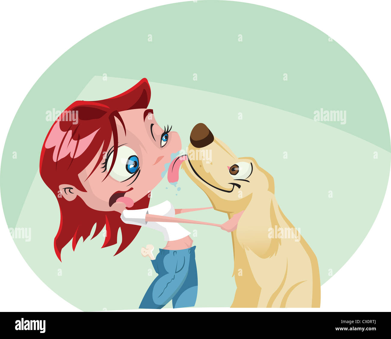 Un dessin animé funky femme est un gros baiser humide de son chien. .Eps Illustrator v10. Contient quelques effets de transparence sur les faits saillants. Banque D'Images
