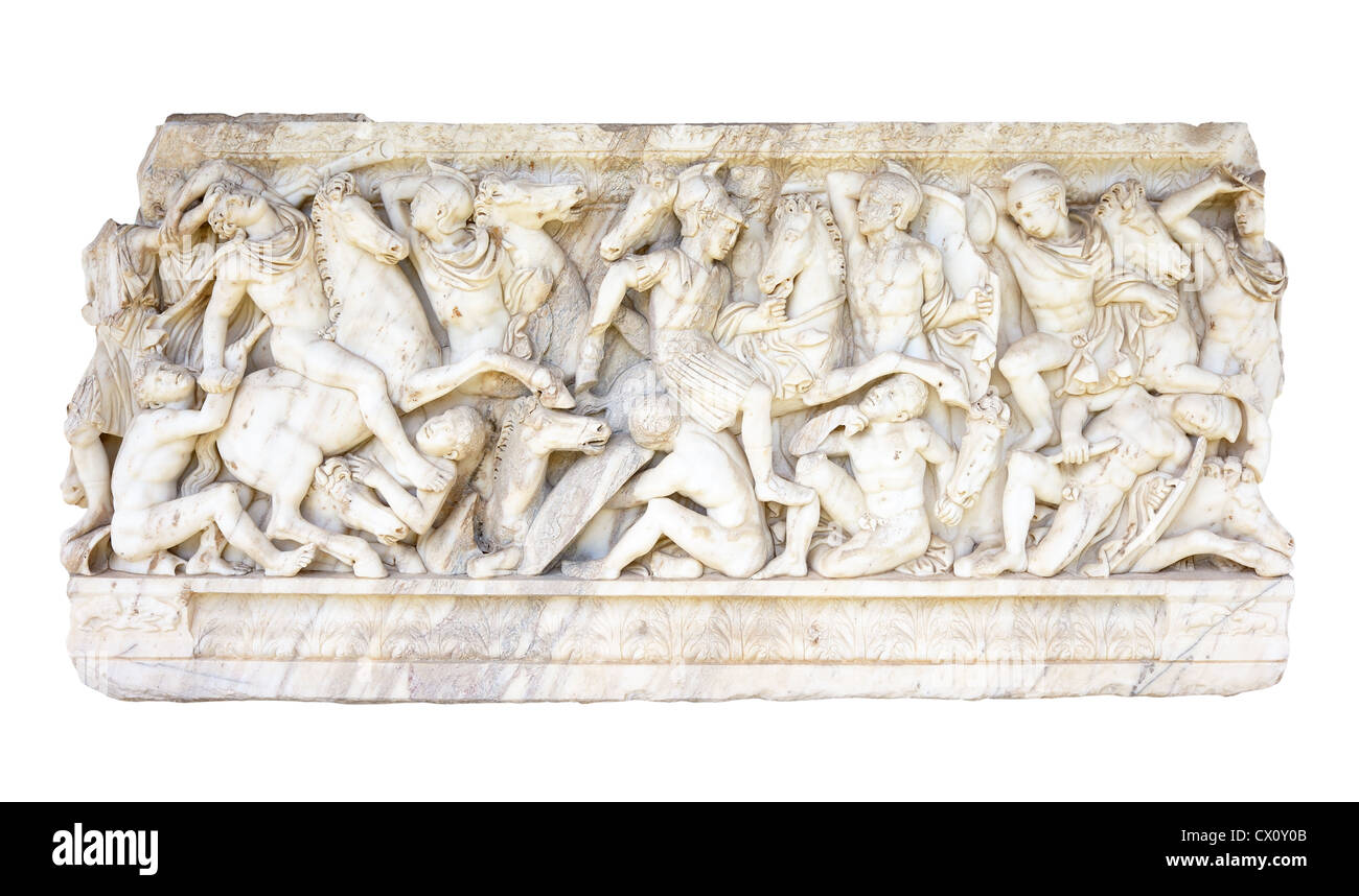 Bas-relief sur le côté de l'ancien sarcophage romain. Banque D'Images