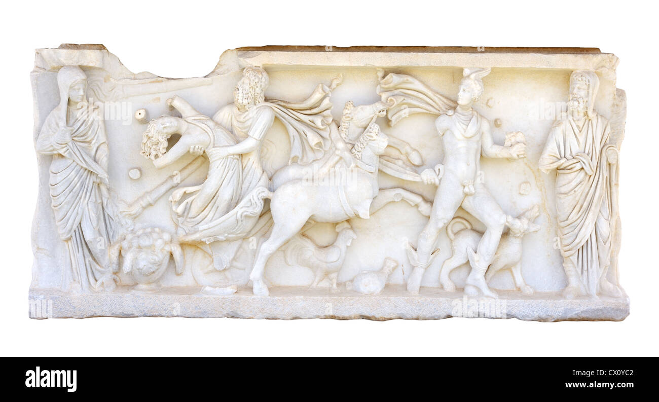 Bas-relief sur le côté de l'ancien sarcophage romain. Banque D'Images