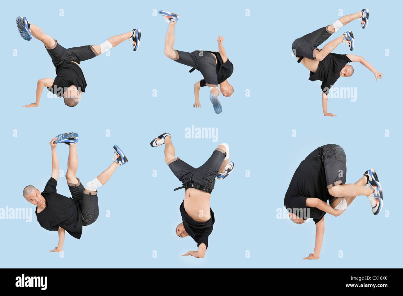 Plusieurs image de jeune homme le break dance sur fond bleu clair Banque D'Images