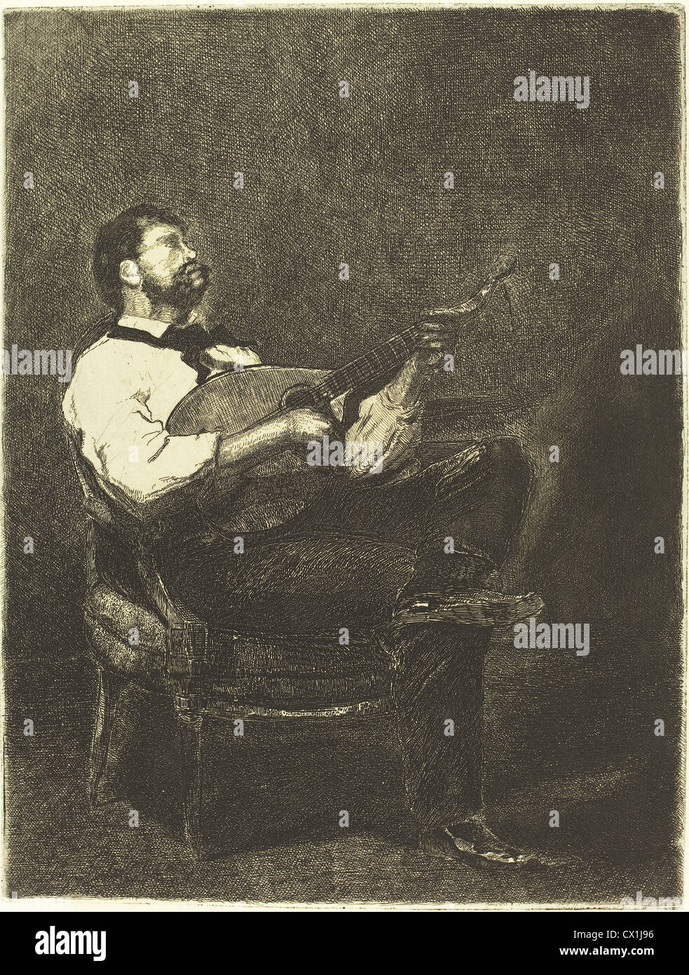 François Bonvin (Français, 1817 - 1887 ), Guitare Player (Joueur de guitare), 1861, eau-forte sur papier vergé Banque D'Images