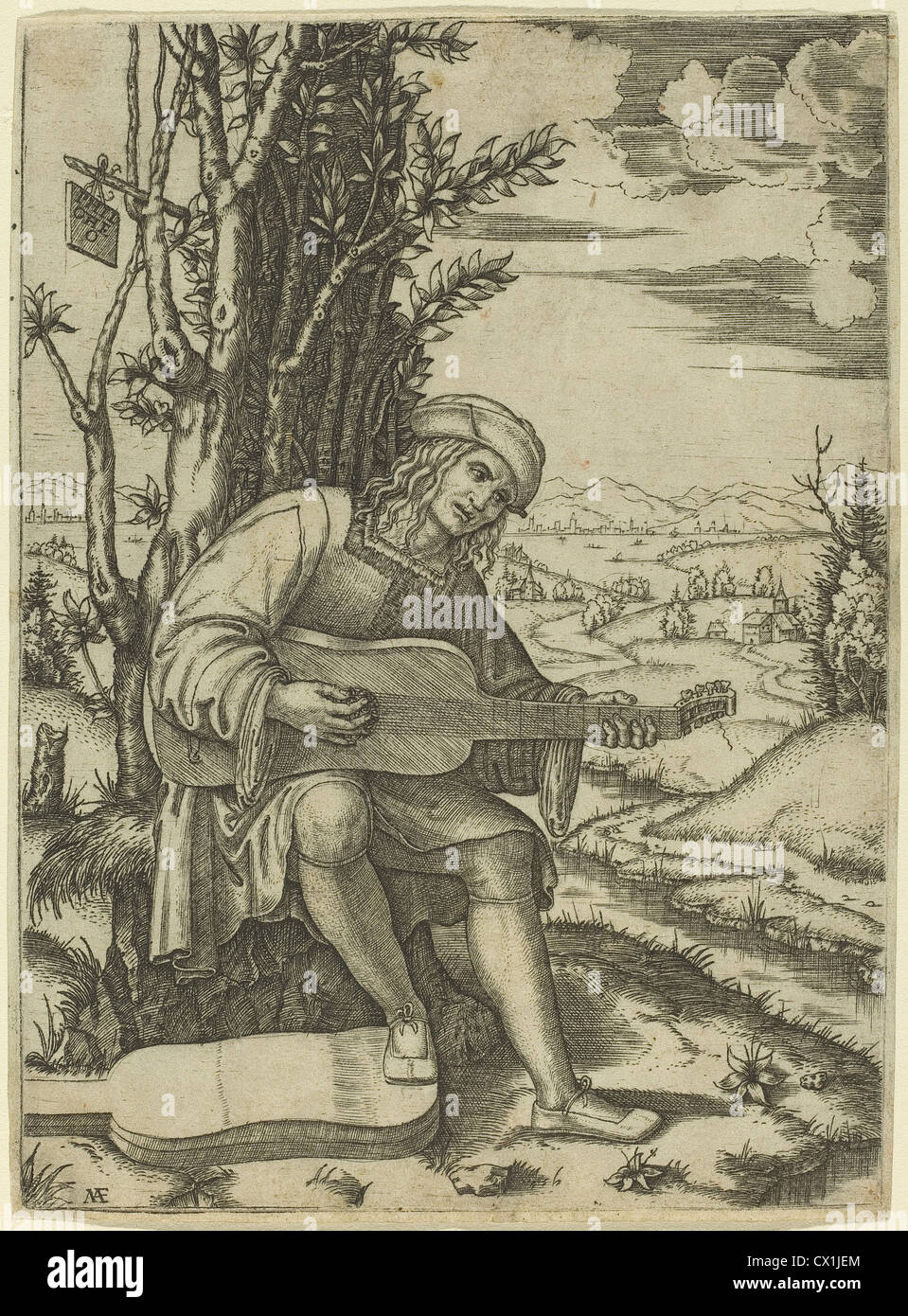 Marcantonio Raimondi (Italien), ch. 1480 - c. 1534 ), le guitariste, gravure Banque D'Images