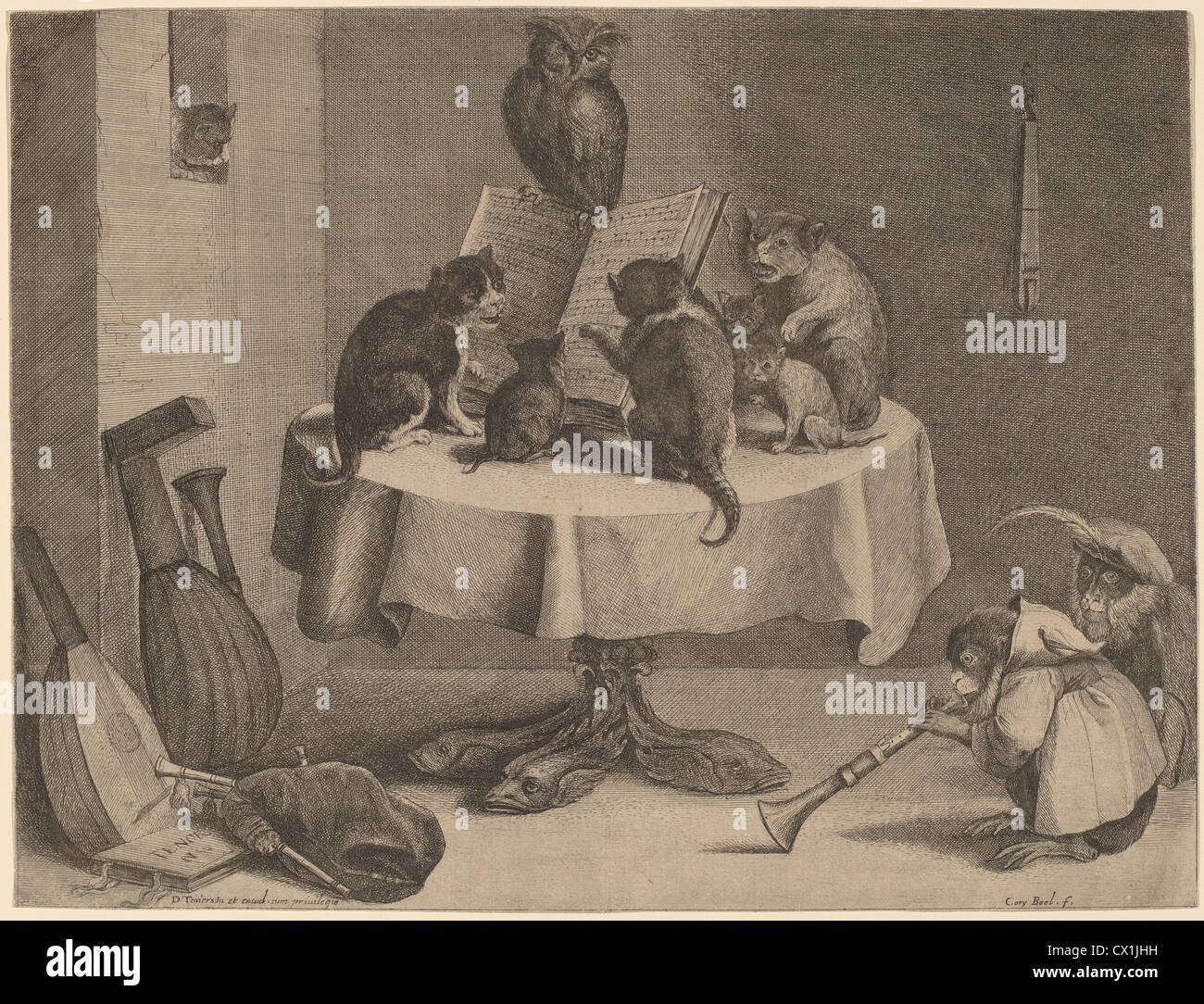 Coryn Boel après David Teniers le Jeune (Flamand, 1620 - 1688 ), le Concert du chat, la gravure et la gravure sur papier vergé Banque D'Images