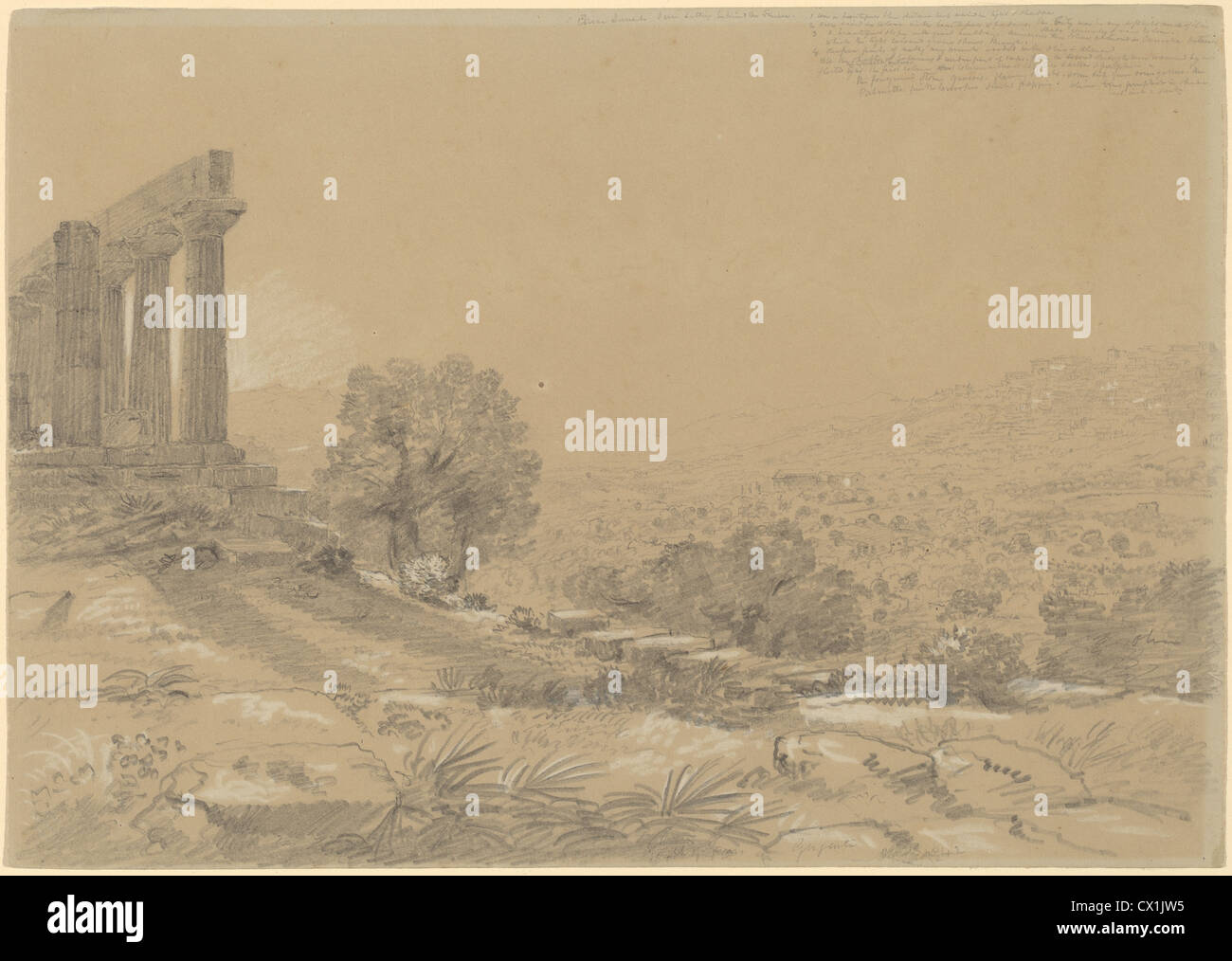 Thomas Cole, Temple de Junon, Agrigentum, américain, 1801 - 1848, 1842, mine de plomb et craie blanche sur papier gris Banque D'Images