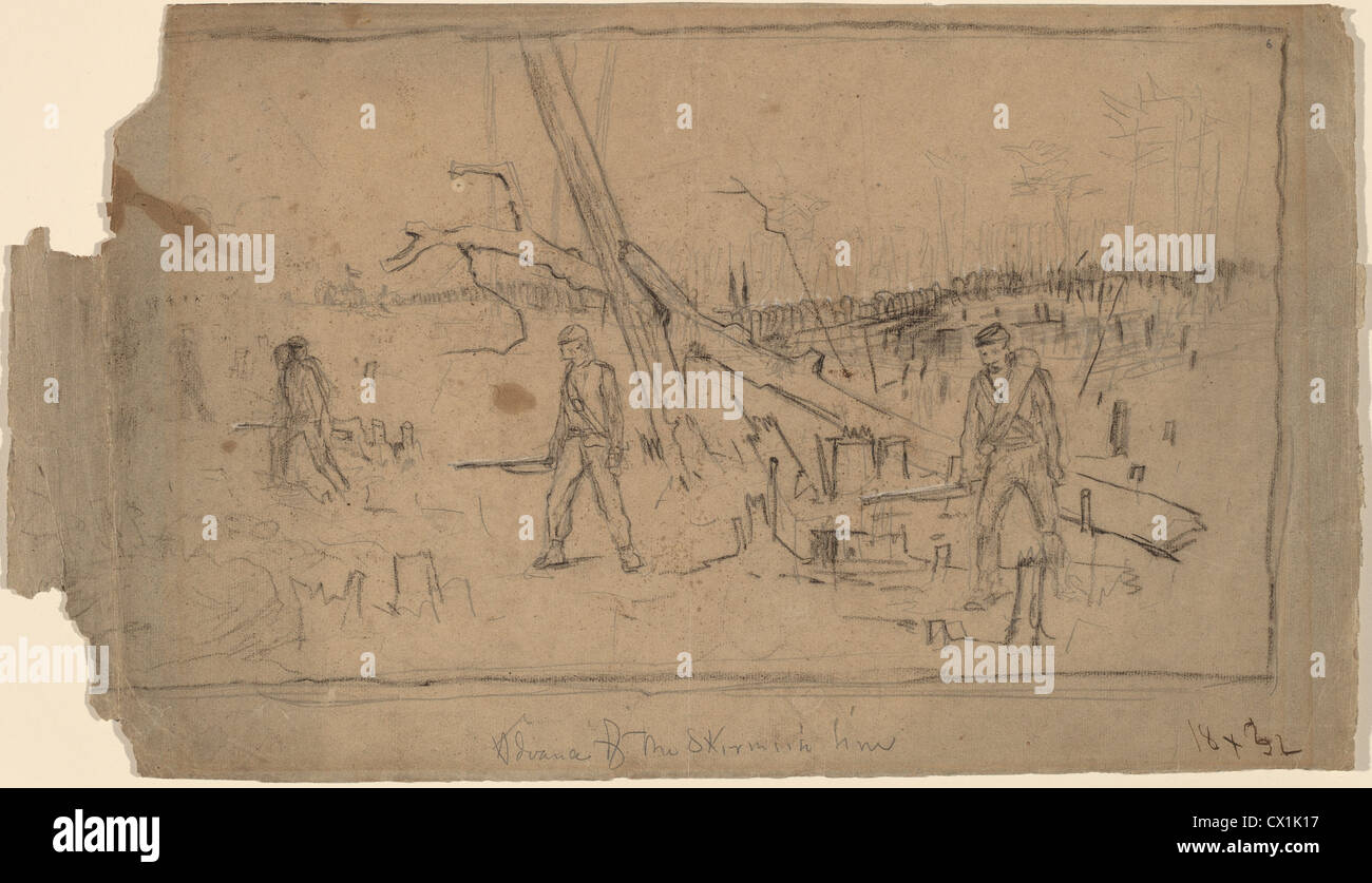 Winslow Homer, l'avance de la ligne d'escarmouche, américain, 1836 - 1910, ch. 1867, graphite et noir et craie blanche sur papier vergé Banque D'Images Winslow Homer, l'avance de la ligne d'escarmouche, américain, 1836 - 1910, ch. 1867, graphite et noir et craie blanche sur papier vergé Banque D'Images