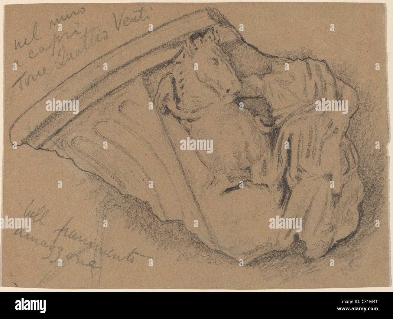 Elihu Vedder, esquisse d'un fragment d'une paroi à Capri, américain, 1836 - 1923, ch. 1897, mine de plomb sur papier vélin brun Banque D'Images