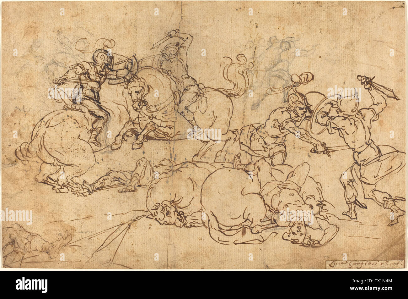 Luca Cambiaso (Italien, 1527 - 1585 ), Soldats, plume et encre brune sur craie noire sur papier vergé Banque D'Images