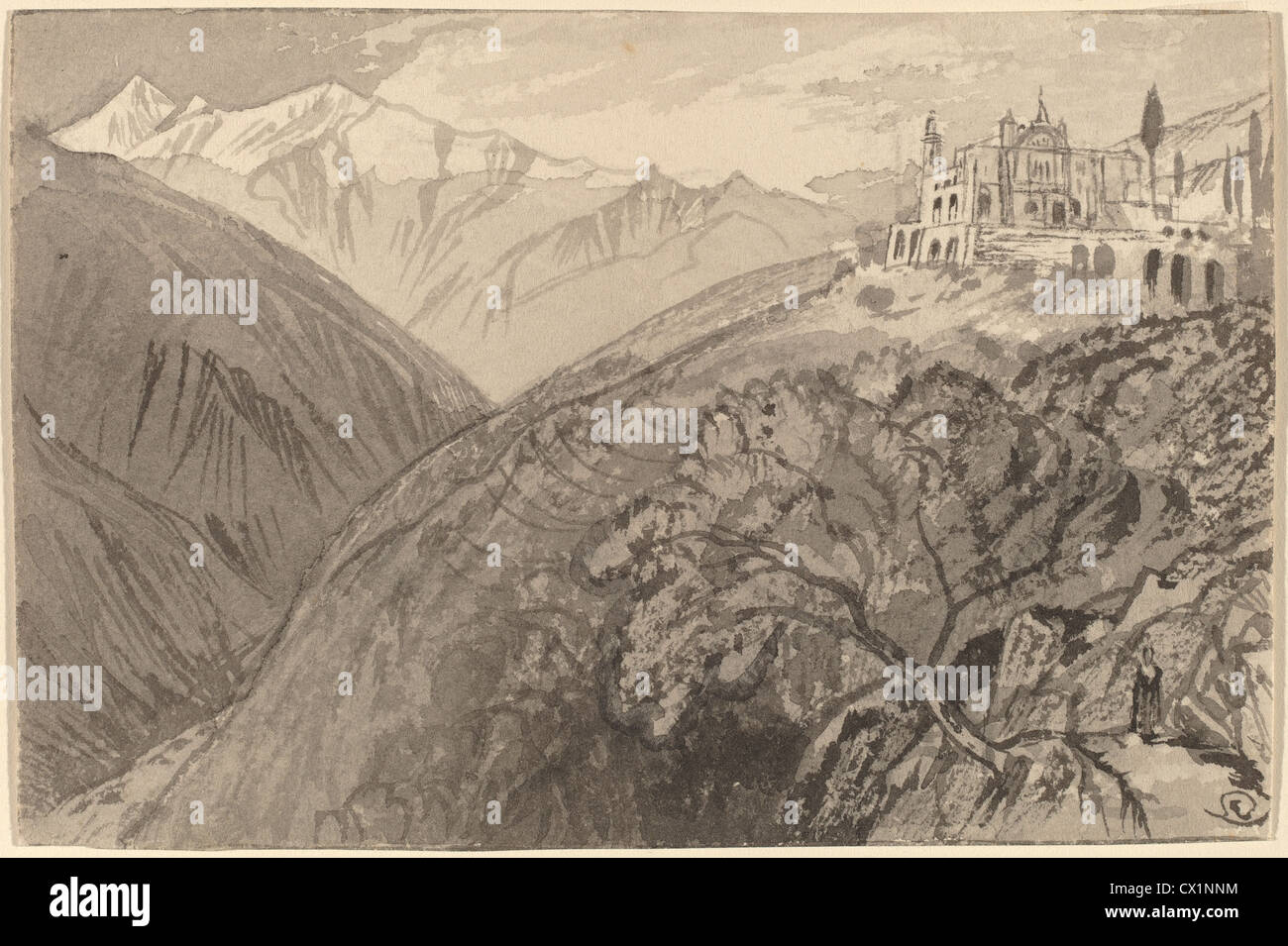 Edward Lear, une ville située sur une colline (Sanctuaire de Lampedusa), britannique, 1812 - 1888, 1884/1885, lavage de gris sur papier vélin Banque D'Images