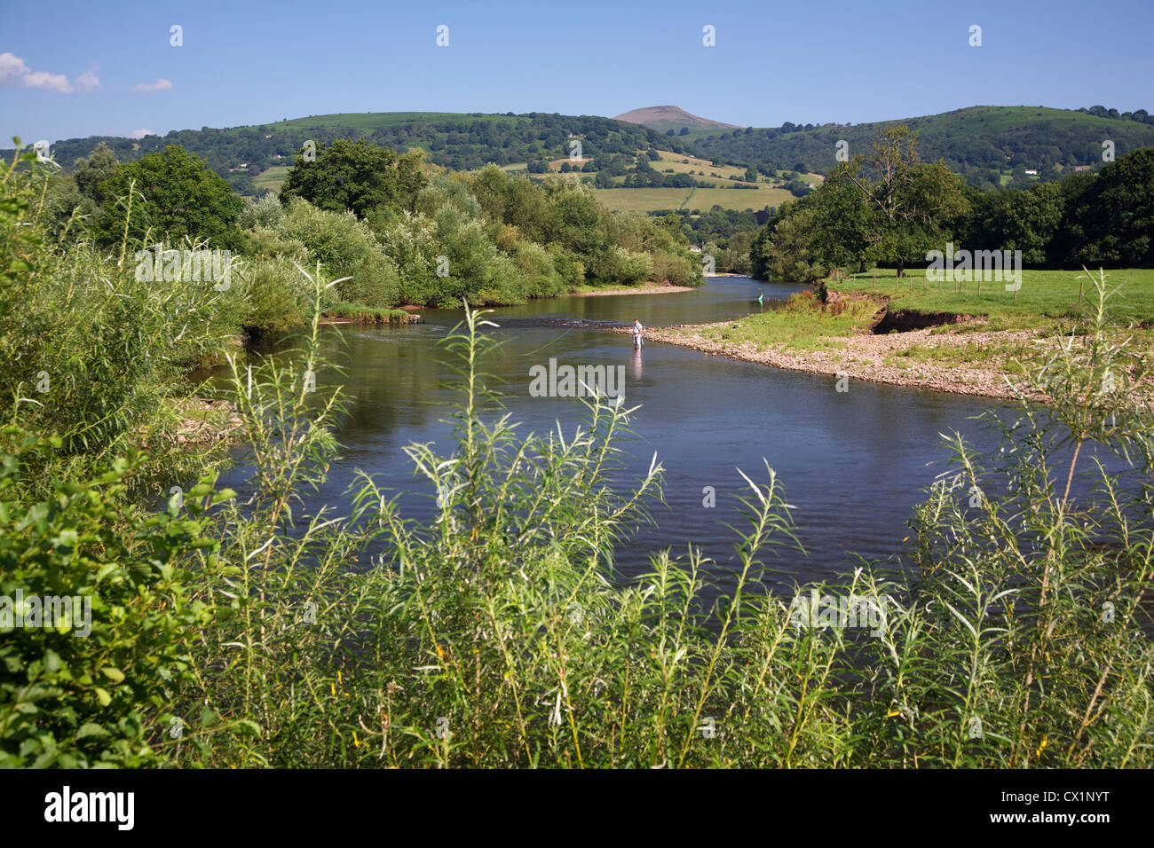 La rivière Usk à Llanfoist, l'homme pêche, y Pen, montagne Fal Nr Abergavenny, Monmouthshire, South East Wales, UK Banque D'Images