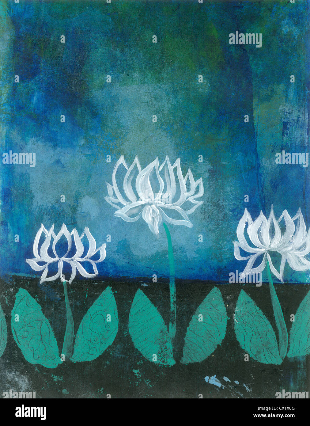 Tableau abstrait fleurs de lotus sur fond bleu. Banque D'Images