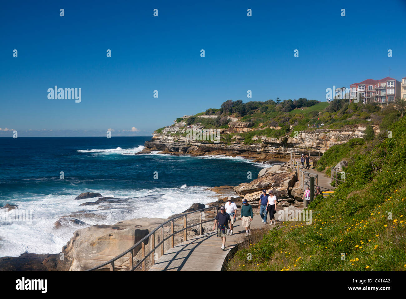 Les promeneurs sur le chemin côtier entre Bondi et Coogee avec Point Mackenzies en arrière-plan Bondi Sydney New South Wales Australie Banque D'Images