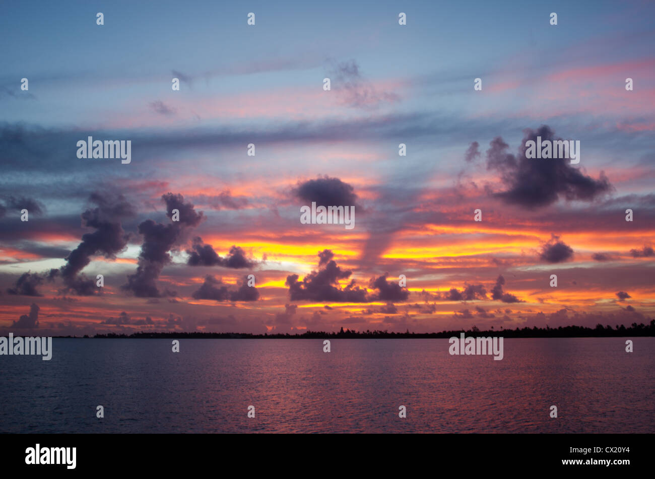 Coucher de soleil sur l'atoll de Fakarava Tuamotu en polynésie française. Banque D'Images