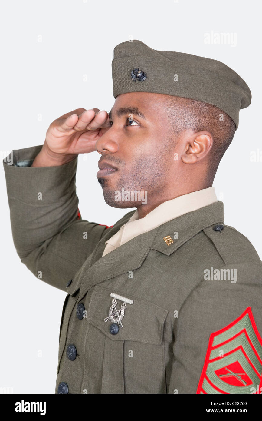 Nous masculins sur fond gris Salut soldat Banque D'Images