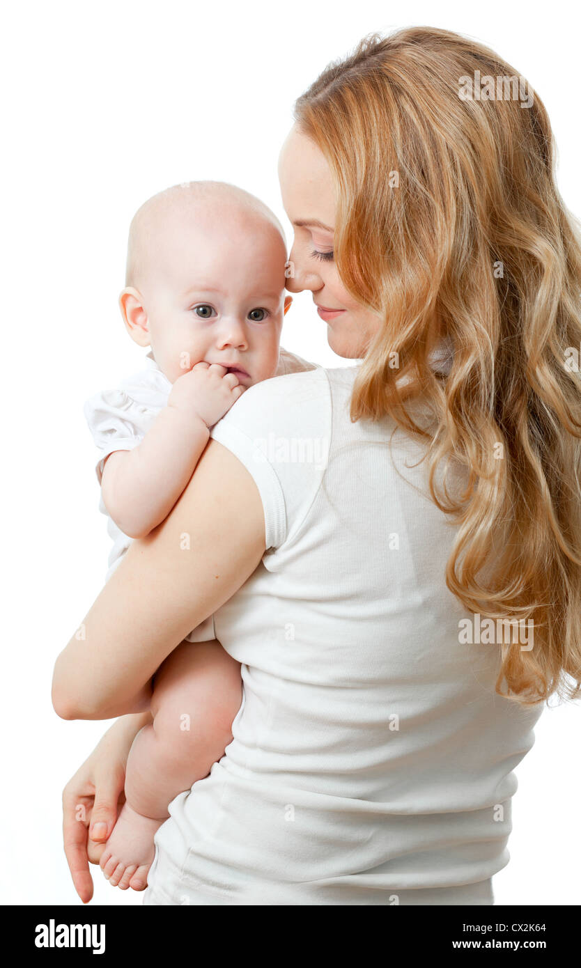 Heureux jeune mère et bébé dans ses mains Banque D'Images