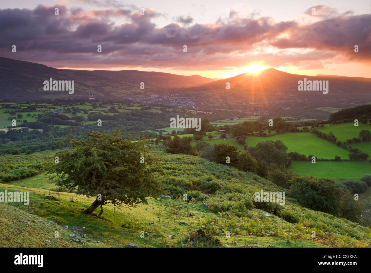 Le lever du soleil sur le Pain de Sucre et ville de Crickhowell, parc national de Brecon Beacons, Powys, Pays de Galles. L'été (août) 2010. Banque D'Images