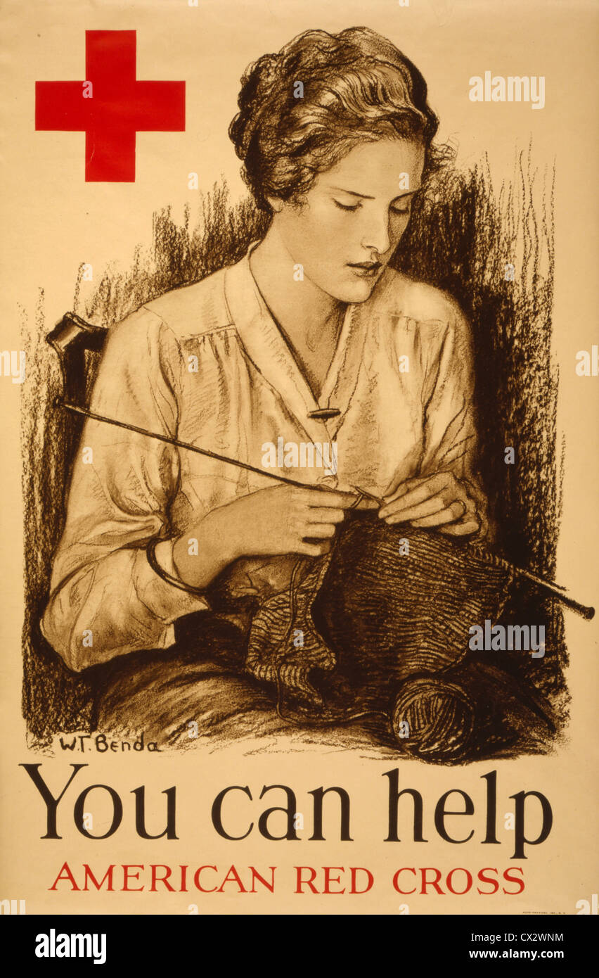 'Vous pouvez aider' American Red Cross affiche présentant une jeune femme tricot. L'affiche de la Première Guerre mondiale. Banque D'Images