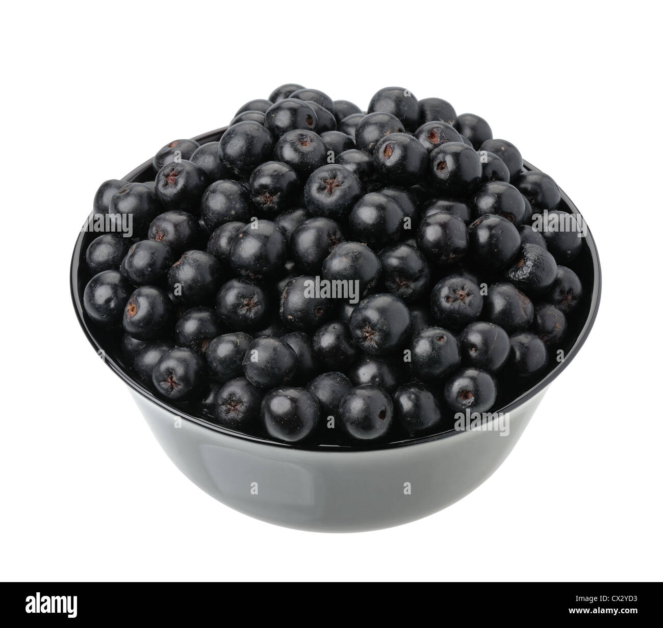 Aronia noir dans une tasse de petits fruits sur un fond blanc, isolé Banque D'Images