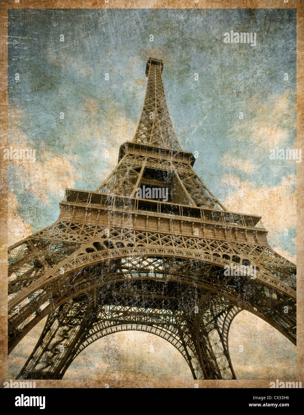 Tons vintage carte postale de la tour Eiffel à Paris Banque D'Images