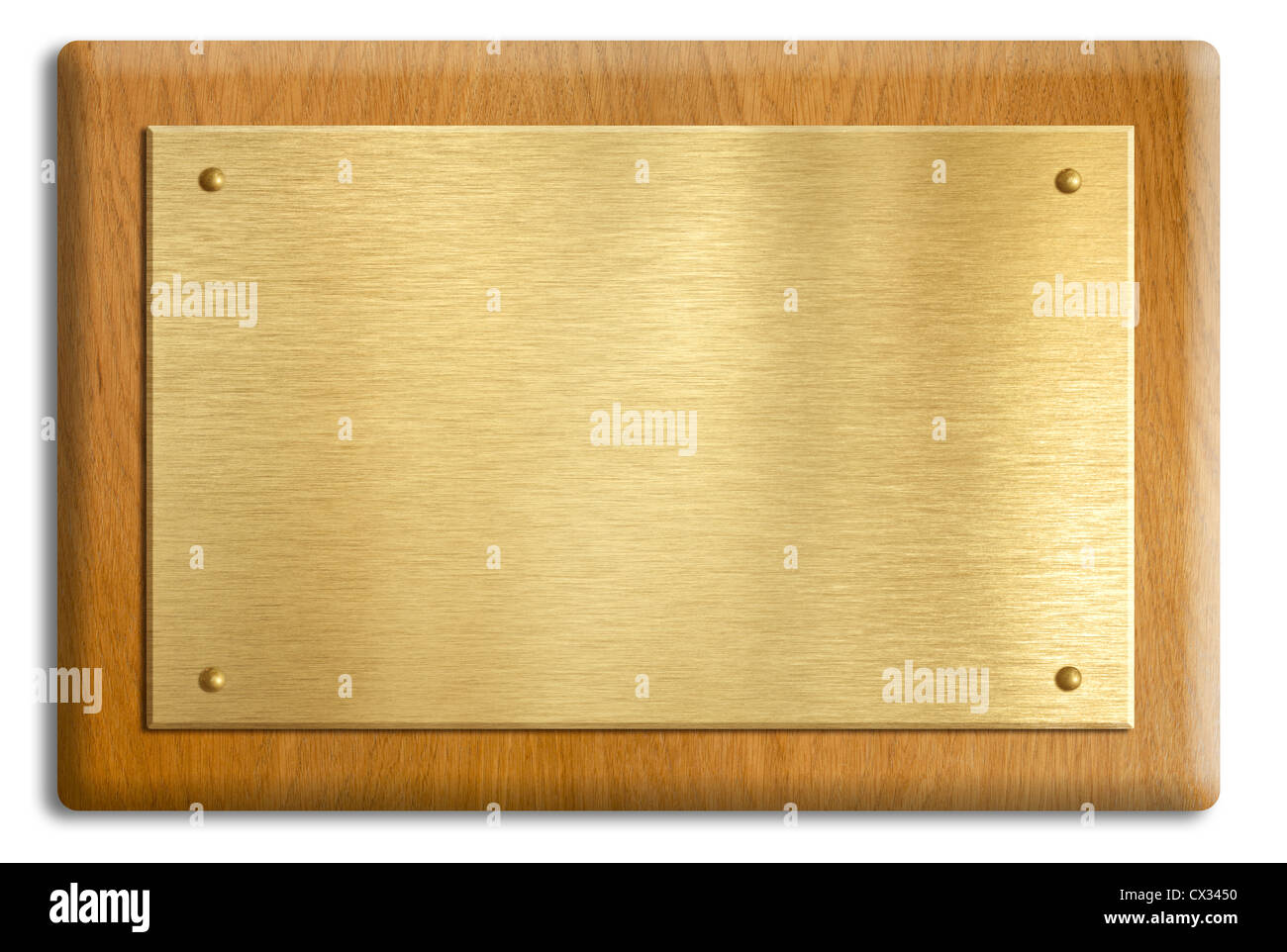 Plaque en bois avec de l'or ou plaque en laiton isolé sur blanc. Chemin de détourage est inclus. Banque D'Images