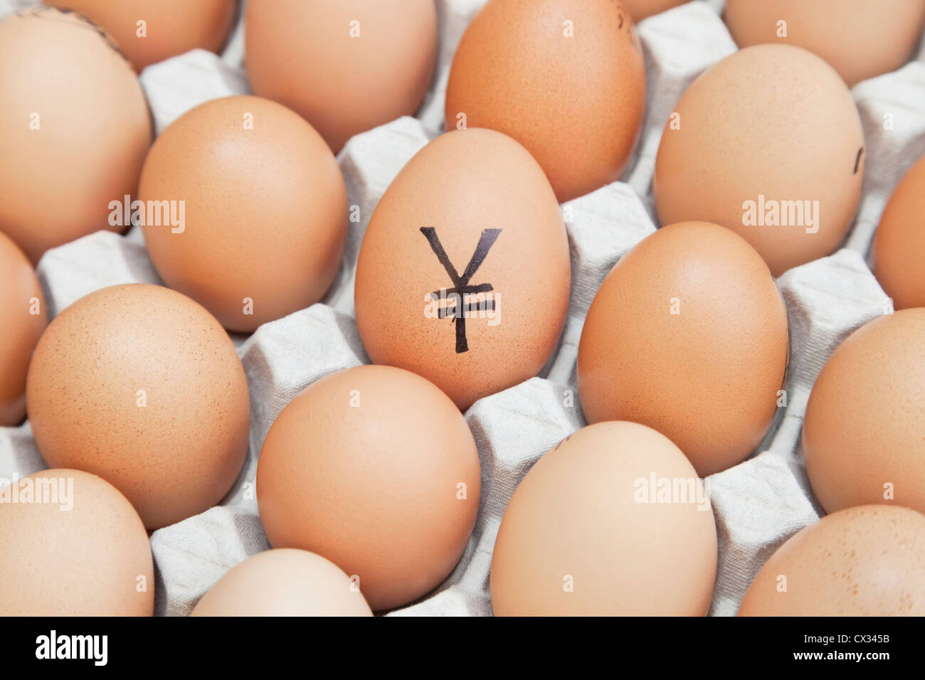 Monnaie Yen sign on entouré d'oeufs oeufs en carton brun clair Banque D'Images