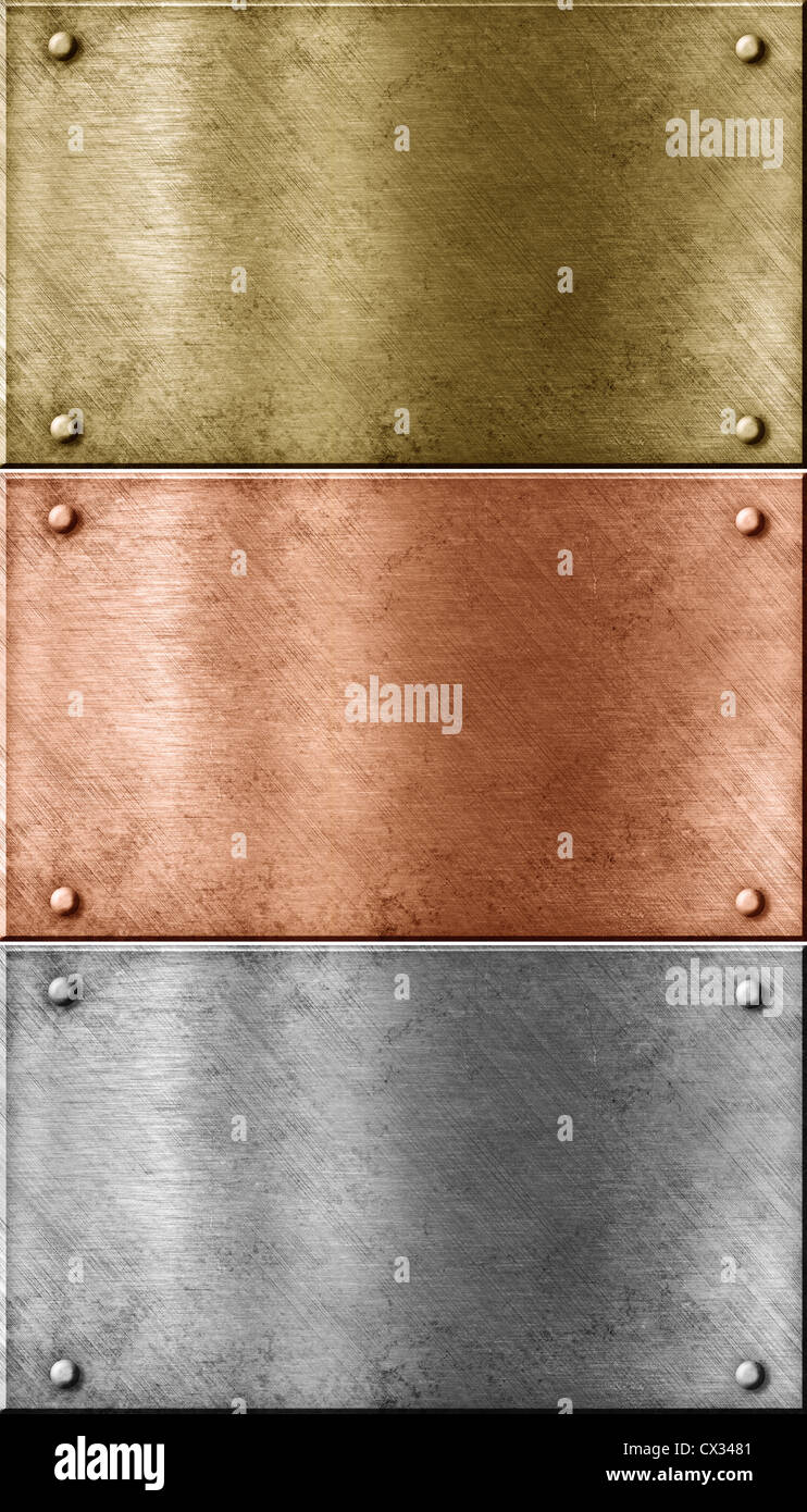 Des plaques de métal comprenant bronze (cuivre), or (laiton) et d'aluminium Banque D'Images