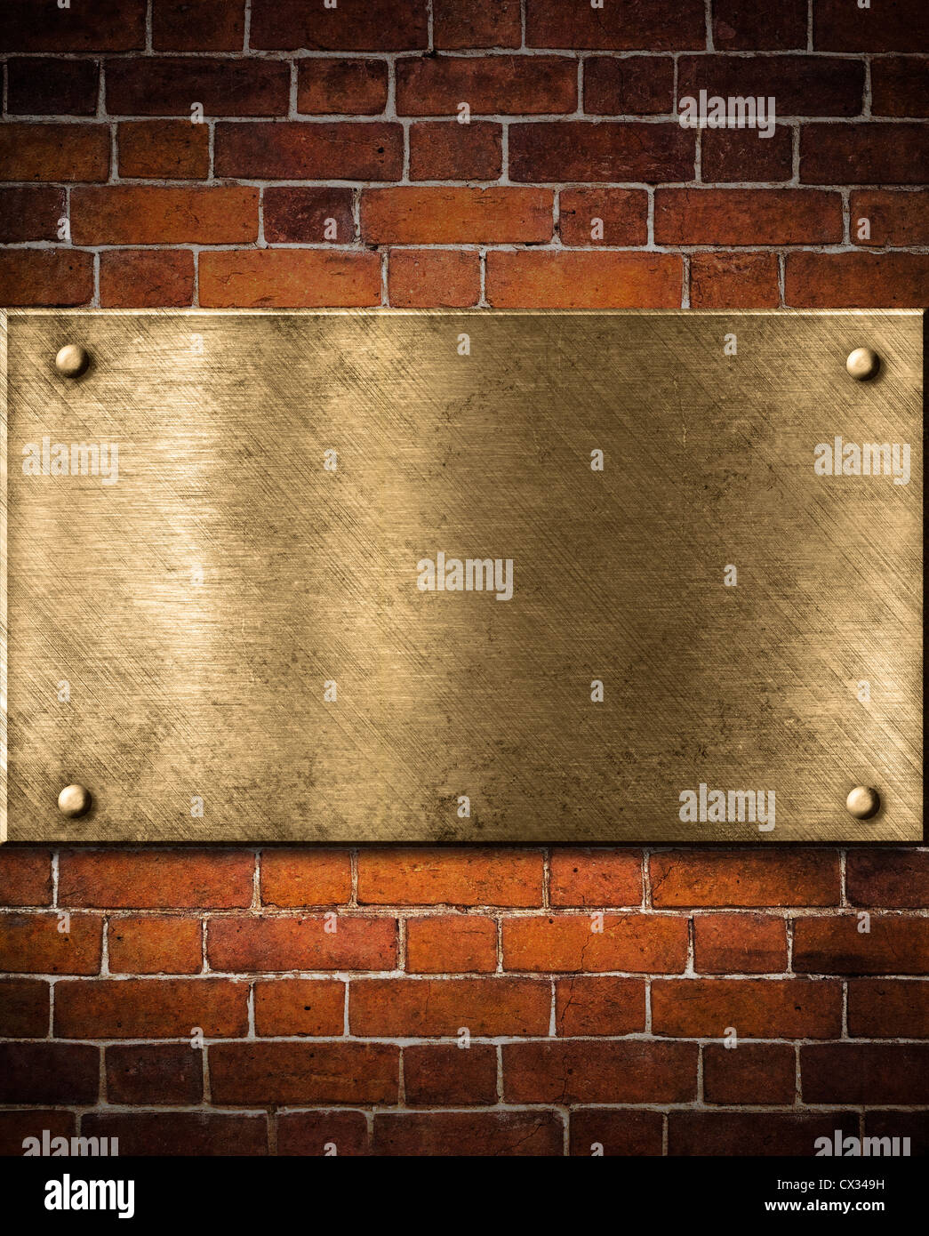 Ancienne plaque de bronze ou d'or sur mur de brique Banque D'Images