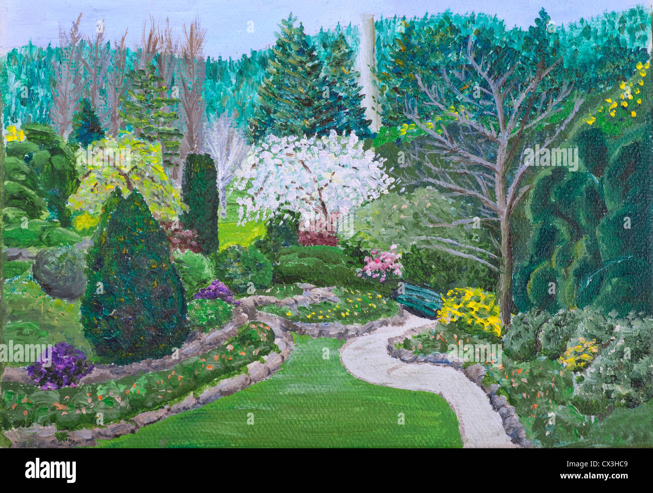 Une petite peinture d'une scène au début du printemps dans les Jardins Butchart, Victoria, Colombie-Britannique, Canada. Banque D'Images