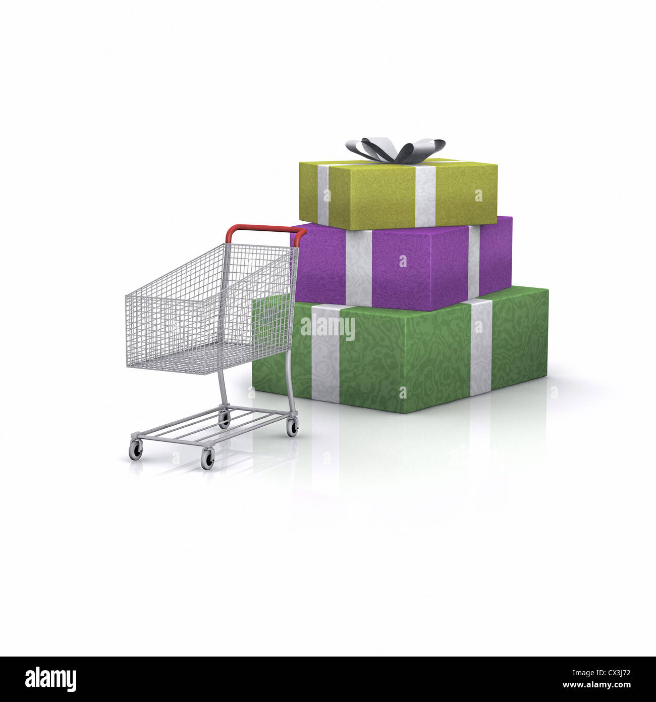 Einkaufswagen und Geschenke auf weissem Hintergrund - Colis de Noël avec panier Banque D'Images