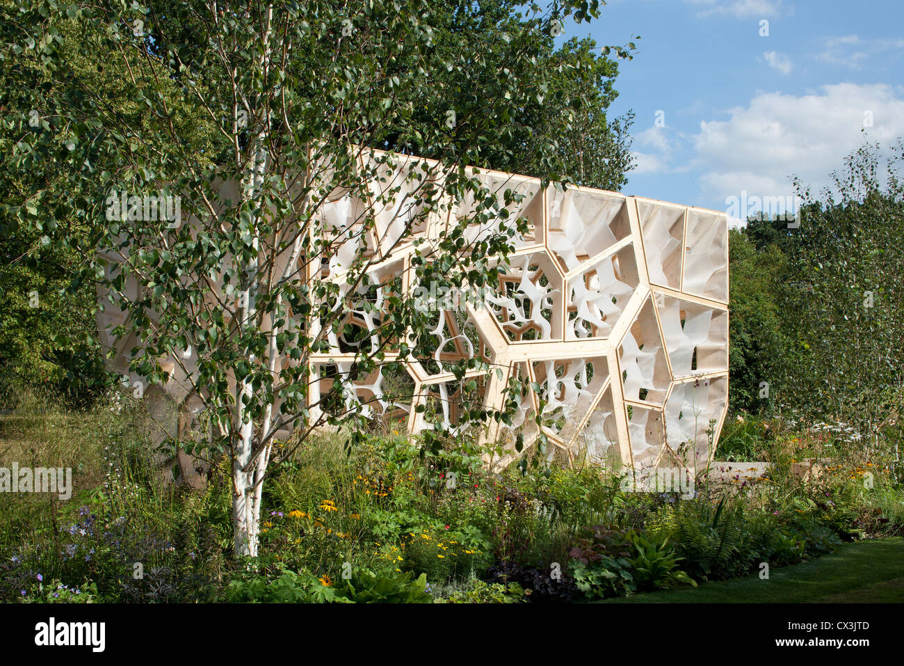 Fois Pavillon Eureka, Kew, Royaume-Uni. Architecte : NEX, 2011. Vue extérieure avec silver birch. Banque D'Images