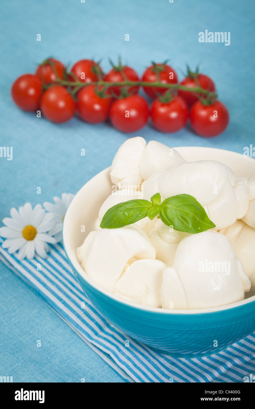 Produits laitiers italien frais comme la mozzarella, la ricotta et tomates cerises Banque D'Images